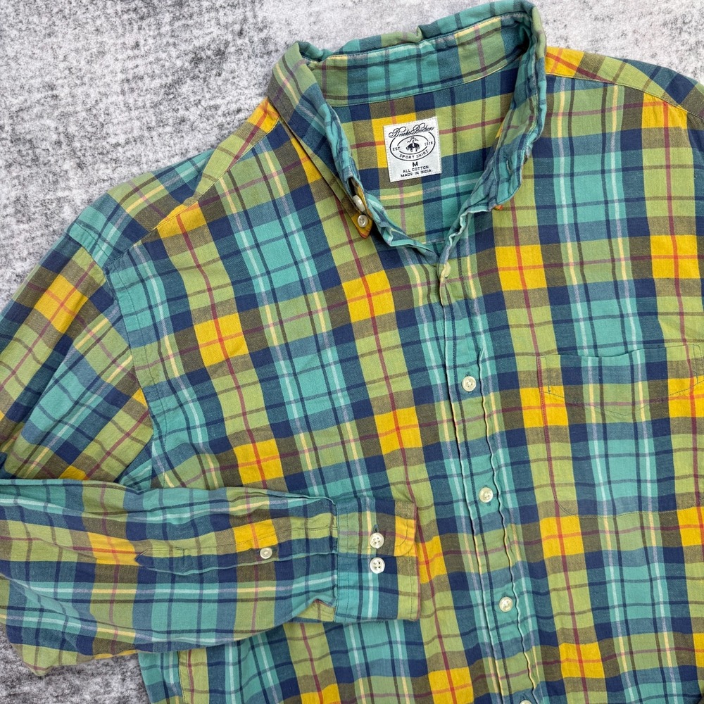 Vintage Brooks Brothers Sport Shirt Mens Medium Blue Yellow Plaid‎ Preppy Party